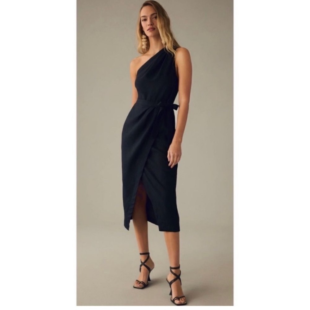 By Anthropologie Black One Shoulder Linen Wrap Dress